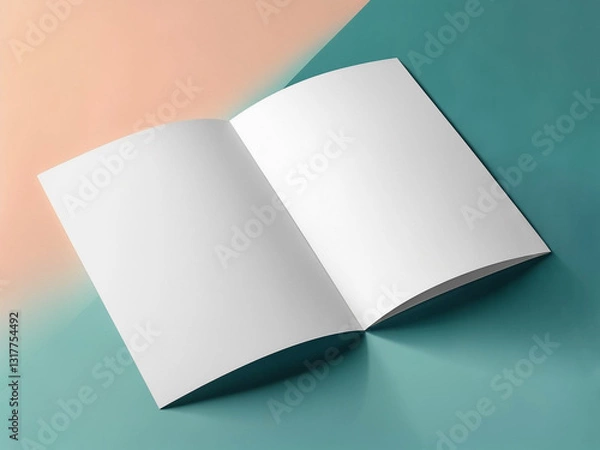 Obraz モダンなバイカラー背景に開かれたパンフレット（モックアップ） - 無地の広報誌、雑誌、ZINEの表紙と中面テンプレート