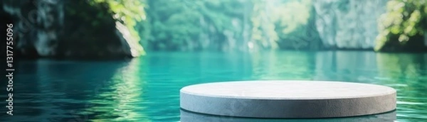Fototapeta Surreal Floating Podium in a Dreamy Atmosphere Surrounded by Lush Greenery and Calm Water