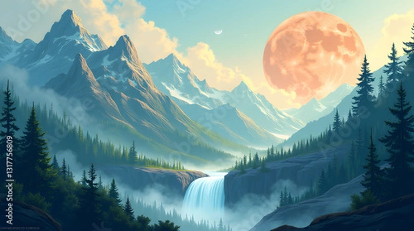Obraz Majestic fantasy landscape featuring towering mountains, a cascading waterfall, and a glowing full moon. A dreamy, serene scene blending nature’s beauty with mysticism and magical realism.