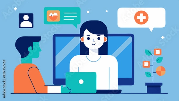 Fototapeta Telehealth Interaction A scene where a patient interacts with an AI system during a telehealth visit receiving customized care recommendations displayed on the screen.