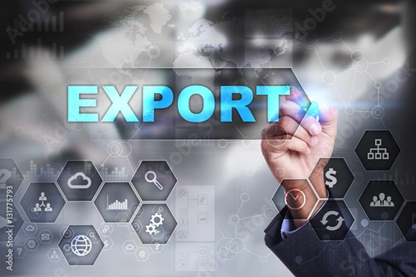 Fototapeta Businessman is drawing on virtual screen. export concept.