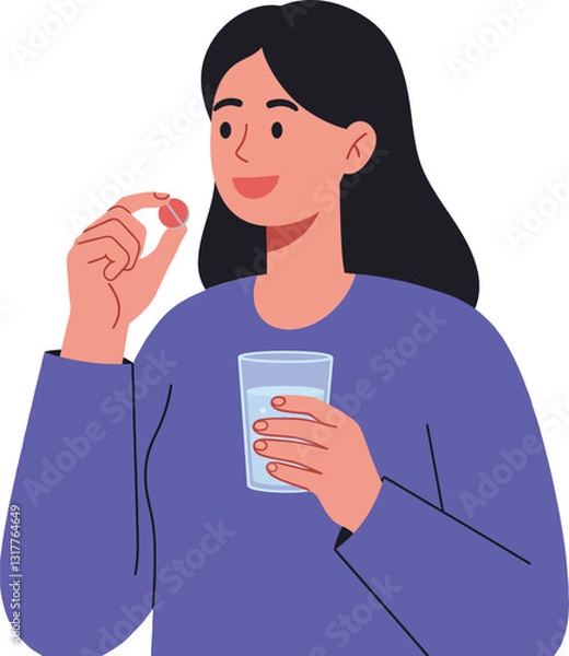 Obraz Woman holding a glass of water and a pill with a cheerful expression in flat vector art style showcasing health and wellness themes