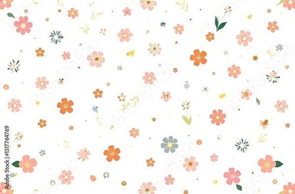 Fototapeta texture, print, vintage 2d seamless floral pattern. Liberty style background of small pastel colorful flowers and Easter eggs. Abstract flowers, leaves branches and eggs