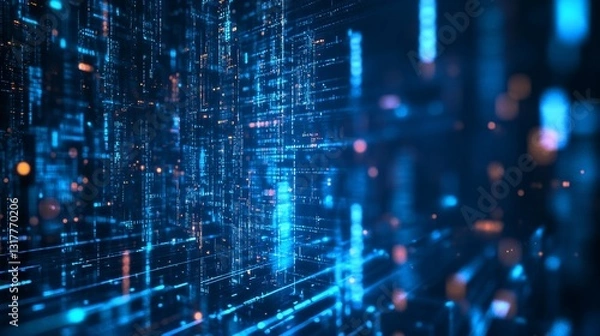 Fototapeta Abstract Digital Data Stream Visualization: Futuristic Blue and Orange Code Matrix