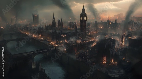 Obraz London in Ruins: A panoramic view depicts London in a state of devastation, iconic landmarks engulfed in fire and smoke, the atmosphere thick with the ominous silence of destruction. 