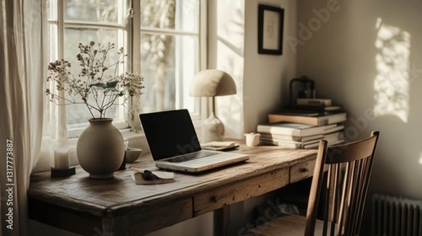 Fototapeta A wooden desk with a laptop, lamp, and books sits in front of a window.