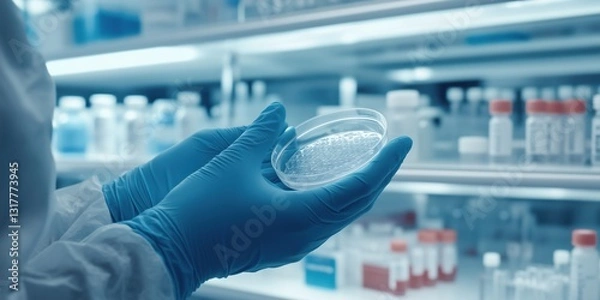 Obraz Close-up of hands in blue gloves holding a petri dish with vials and test tubes in a laboratory setting