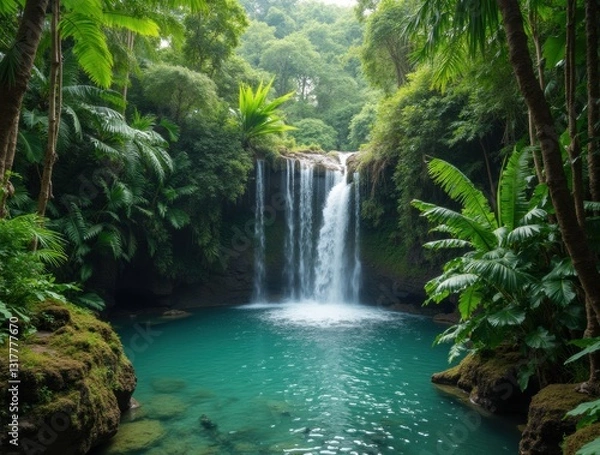 Fototapeta A stunning waterfall flows into a clear pool amidst lush jungle greenery, a tropical haven.
