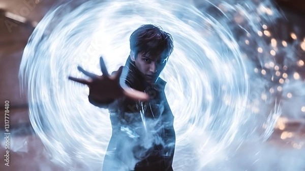 Fototapeta Energy Surge: A young man extends his hand toward a mesmerizing swirl of energy, possibly a portal or force field, emanating vibrant blue hues.