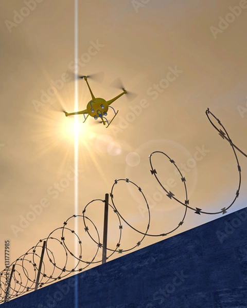 Fototapeta 3D illustration of a UAV drone patrolling along a concrete wall with barbed wire. Fictitious drone, motion blur for dramatic effect.