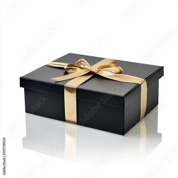 Fototapeta Stunning Glossy Black Gift Box with Luxurious Metallic Gold Ribbon - Premium High-End Commercial Photography for Perfect Presentations and Marketing - Isolated on White