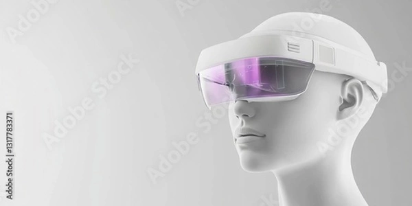 Fototapeta Futuristic Android with Augmented Reality Glasses: Studio Shot of a Hyper-Detailed Synthetic Face Against a Clean Gray Background Featuring Holographic UI Elements