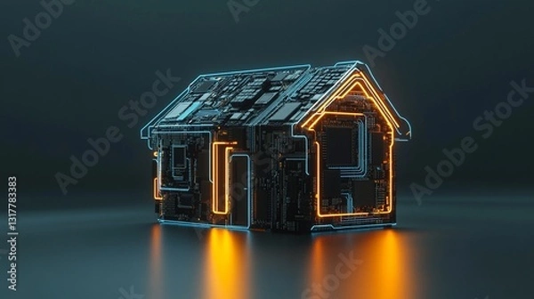 Fototapeta Stunning Studio Image of a Compact Modern House Constructed from E-Waste: A Cyberpunk Recycling Marvel Featuring Circuit Board Walls and Neon Accents, Perfect for Sustainability Campaigns
