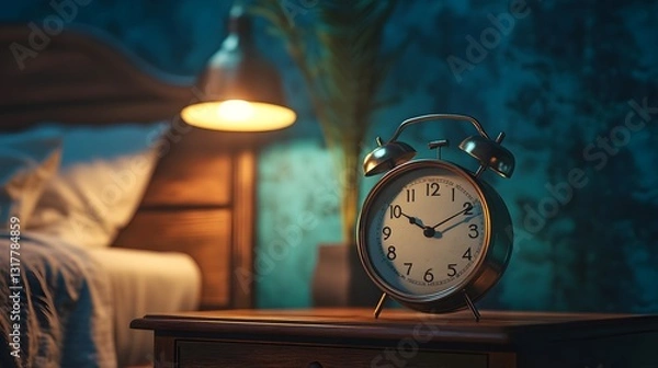 Fototapeta Nighttime Ritual: Close-up shot of a classic alarm clock on a bedside table, soft lamp light casting a gentle glow, setting the mood for rest. 