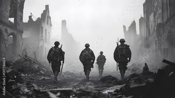 Fototapeta The Silent March: A poignant black and white scene depicting a group of soldiers walking through a war-torn, debris-filled street. The image evokes a sense of somberness and resilience.