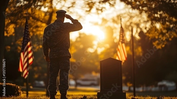 Fototapeta A Solemn Salute: A soldier salutes the flag, commemorating fallen comrades in a touching display of respect and remembrance. The image resonates with themes of honor, service, and sacrifice