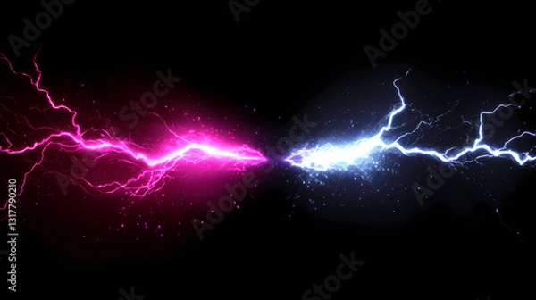 Fototapeta Abstract impact of radiant fuchsia and twilight silver glowing lightning sparks effects anime on plain black background. Twilight Radiance. Illustration