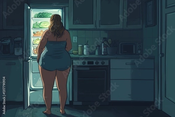 Obraz A large young woman in nightwear stands in the kitchen at night in front of the open door of the refrigerator and examines the food in it. Diet, night breakdown