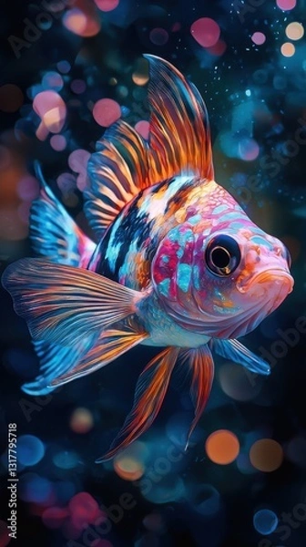 Fototapeta Vibrant colors illuminate this stunning fish, its fins gracefully flowing in an underwater world of bokeh lights. A captivating image of aquatic life.