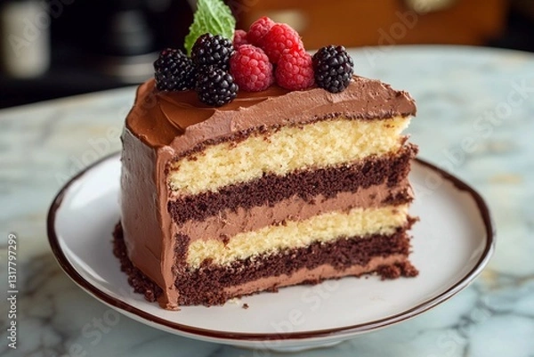 Fototapeta A slice of decadent layered chocolate cake sits on a plate, garnished with vibrant fresh raspberries and blackberries, atop a marble surface