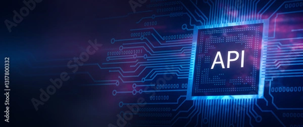 Obraz API Technology & Digital Connectivity, Blue Circuit Board with API Chip,  api web, api interface, api isometric, ai, api cloud, API security, API management, API connectivity, API integration