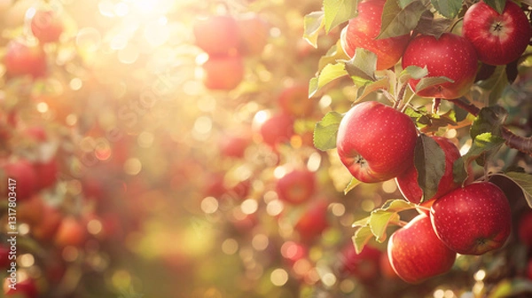 Fototapeta Apple Orchard with Ripe Red Apples Hanging from the Trees
