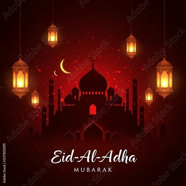 Obraz Eid Al Adha Mubarak Red Mosque Lantern Festive Design Illustration Art Card Hope Glow Image Faith   
