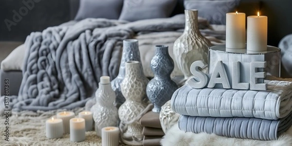 Obraz Sale in a home improvement store. Blankets, plaids, ceramic vases, burning candles are laid out in the window.