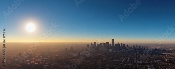 Fototapeta Panoramic view of the urban skyline under a setting sun