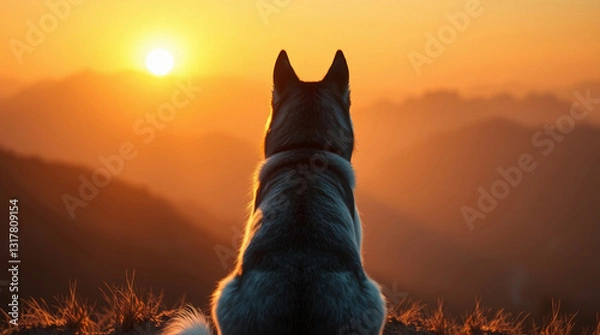Obraz The dog watching sunset over mountains. AI image