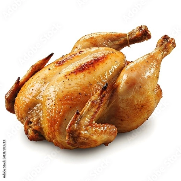 Fototapeta Deliciously roasted whole chicken garnished with spices and served on a white background for feast