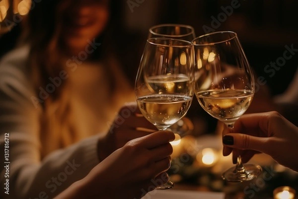 Obraz Friends clink glasses of white wine. A festive evening, a celebration, a friendly party, a meeting, fun