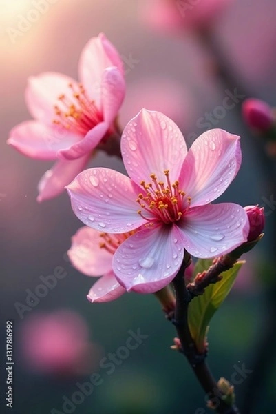 Fototapeta Soft pink blooms with dew drops reflecting the sky, flowers, blossom, seasonal
