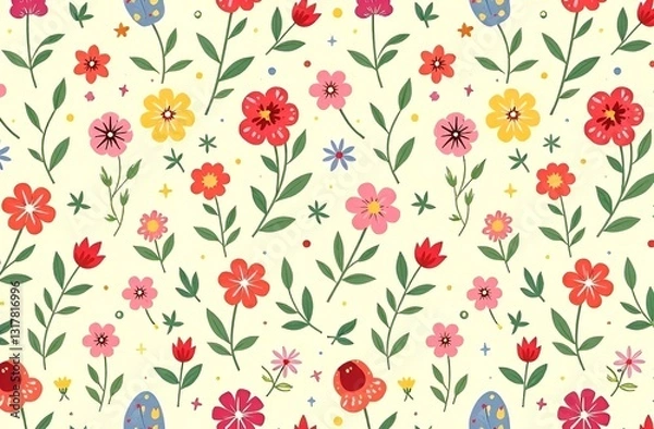 Obraz texture, print, vintage 2d seamless floral pattern. Liberty style background of small pastel colorful flowers and Easter eggs. Abstract flowers, leaves branches and eggs