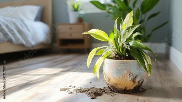 Obraz Indoor Plant with Soil Messily Spilled on a Warm Wooden Floor Creating a Cozy and Natural Atmosphere in a Bright Bedroom Setting