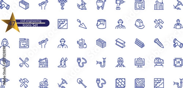 Obraz icons related to civil engineering. Linear icon collection.
