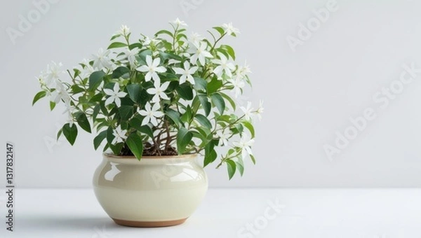 Fototapeta Delicate White Jasmine Shrub in Beige Pot on White Background