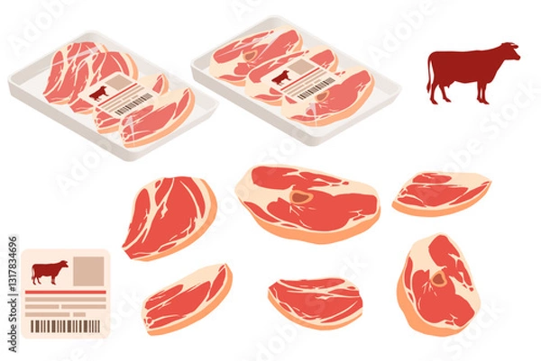Obraz Collection of beef meat cuts. Raw steaks in plastic tray, ready for grocery store selling. Isometric set. Packaged meat products. Red beef food. Vector illustration isolated on white background