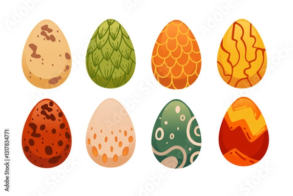 Obraz Set of fantasy dragon eggs. Mythical creature collection. Patterned egg in red, green, orange and beige. Colorful bright carton design. Vector illustration isolated on white background