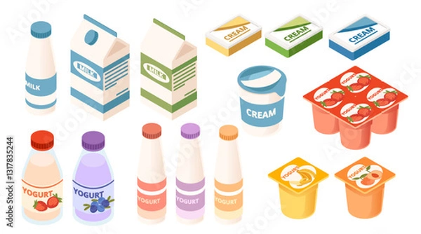Obraz Collection of different dairy products. Yogurt in containers and small bottles, milk in cardboard boxes, cream in carton packages. Colorful dairy products with labels. Vector illustration, isometric