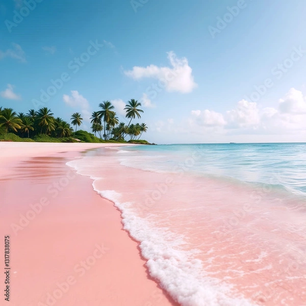 Obraz A tropical beach with pink sand that shimmers in different shades in the sun. Azure water gently laps the shore, and tall green palm trees can be seen in the distance, creating a sense of fairytale, b