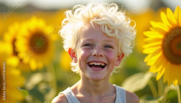 Obraz Happy child with curly hair in sunflower field. AI image