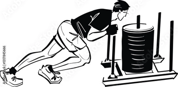 Fototapeta Illustration of a HYROX fitness event featuring athletes engaging in functional training exercises like sled pushing, rowing, and ski erg. Bold sketch style with dynamic action poses and green highlig