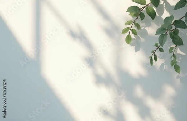 Obraz Delicate play of light, shadow on white wall. Silhouettes of leaves, branches create nature ornament. Sunny sunshine day time with calm relaxing mood, blank minimalistic copy space. Mockup background.