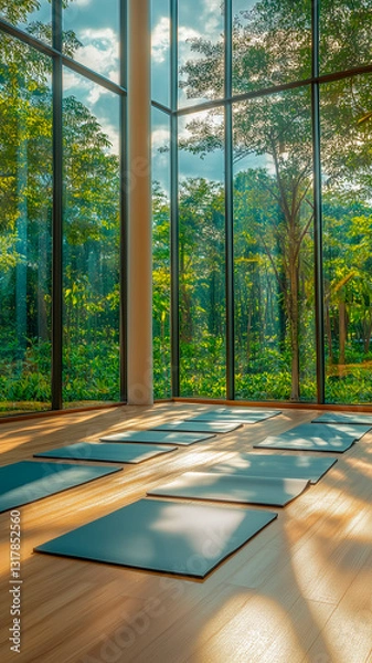 Fototapeta Modern yoga room with large windows and natural light