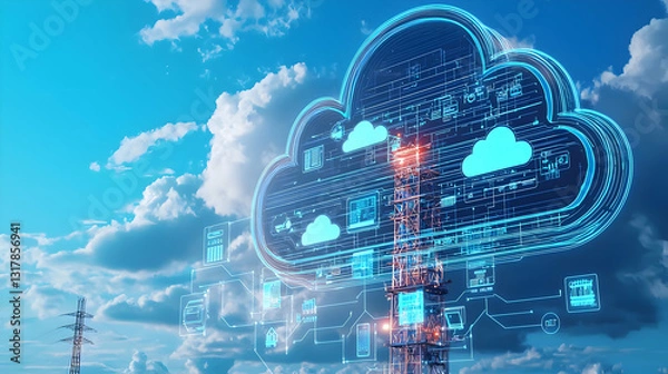 Fototapeta Digital Cloud Computing Technology Deployed From Telecommunications Tower With Blue Sky Background