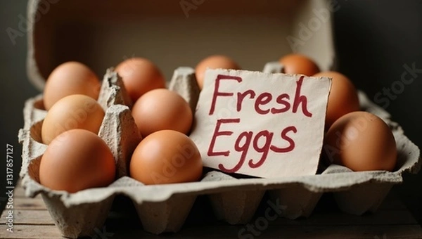 Fototapeta A carton filled with brown eggs showcases a handwritten sign declaring fresh eggs, illuminated by soft natural light