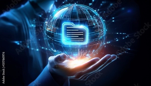 Fototapeta a person's hand holding a digital sphere with a glowing folder icon, symbolizing data and technology