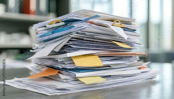 Obraz In this close-up photograph, a substantial pile of paper documents takes center stage, showcasing the overwhelming nature of paperwork The stack consists of numerous sheets of paper, creating a