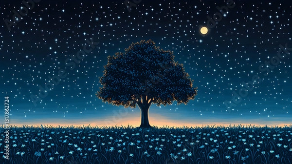 Fototapeta Silhouetted tree in a field of flowers under a starry night sky